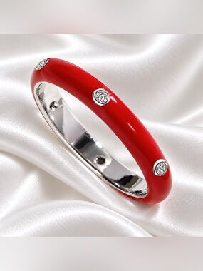 ❤️ Red Enamel & Silver Tone CZ Band Ring | Unisex | New | 7